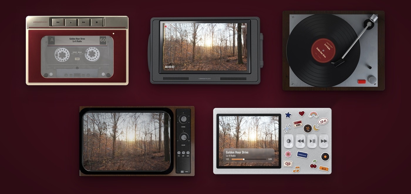Luminostalgic themes: cassette player, camcorder, turntable, retro TV, MP3 player